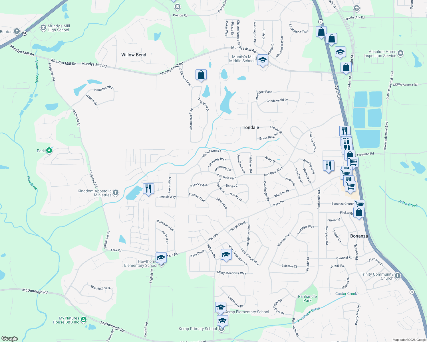 map of restaurants, bars, coffee shops, grocery stores, and more near 1026 Greendale Lane in Jonesboro