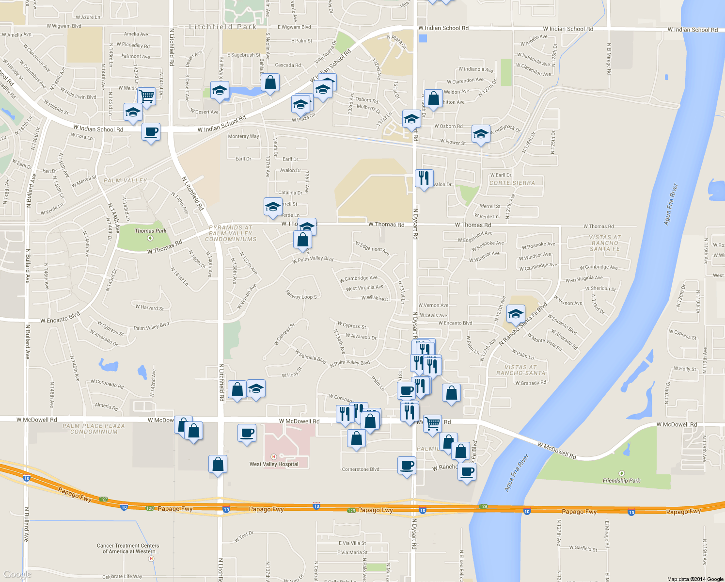 map of restaurants, bars, coffee shops, grocery stores, and more near 13307 West Virginia Avenue in Goodyear