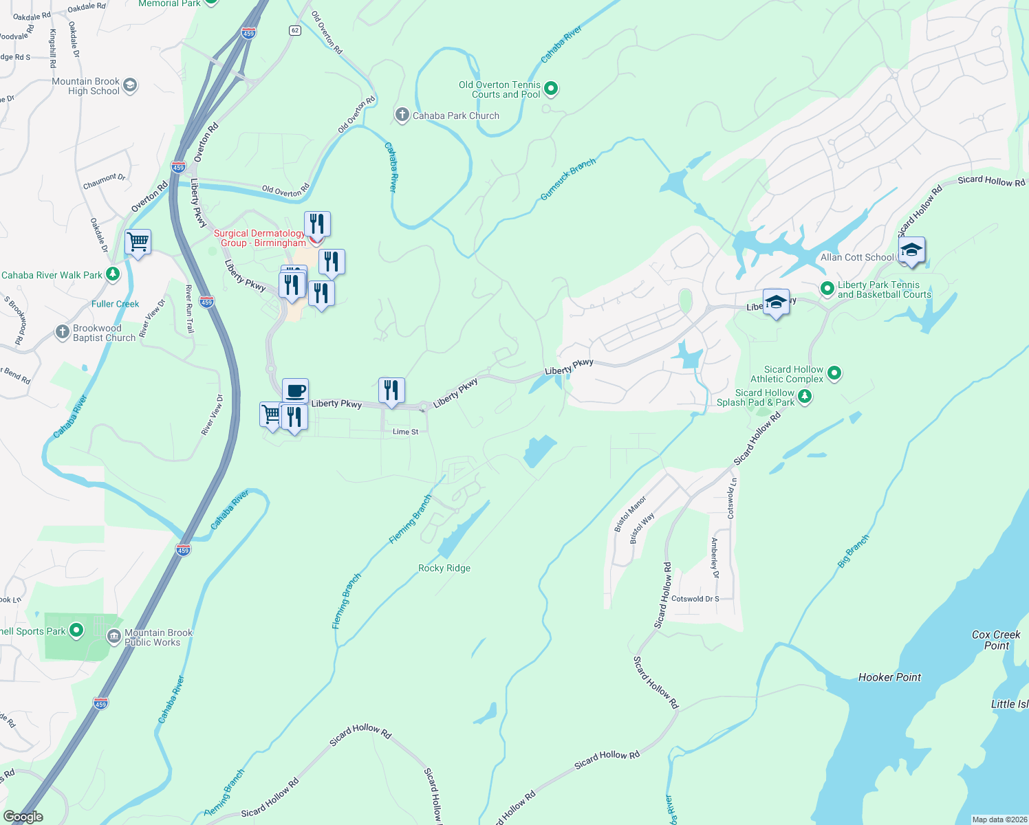 map of restaurants, bars, coffee shops, grocery stores, and more near 13061 Liberty Parkway in Vestavia Hills