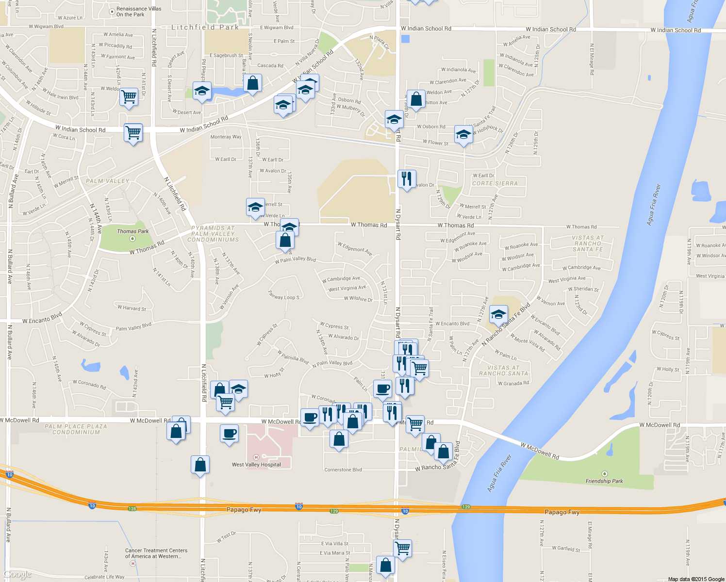 map of restaurants, bars, coffee shops, grocery stores, and more near 13223 West Virginia Avenue in Goodyear