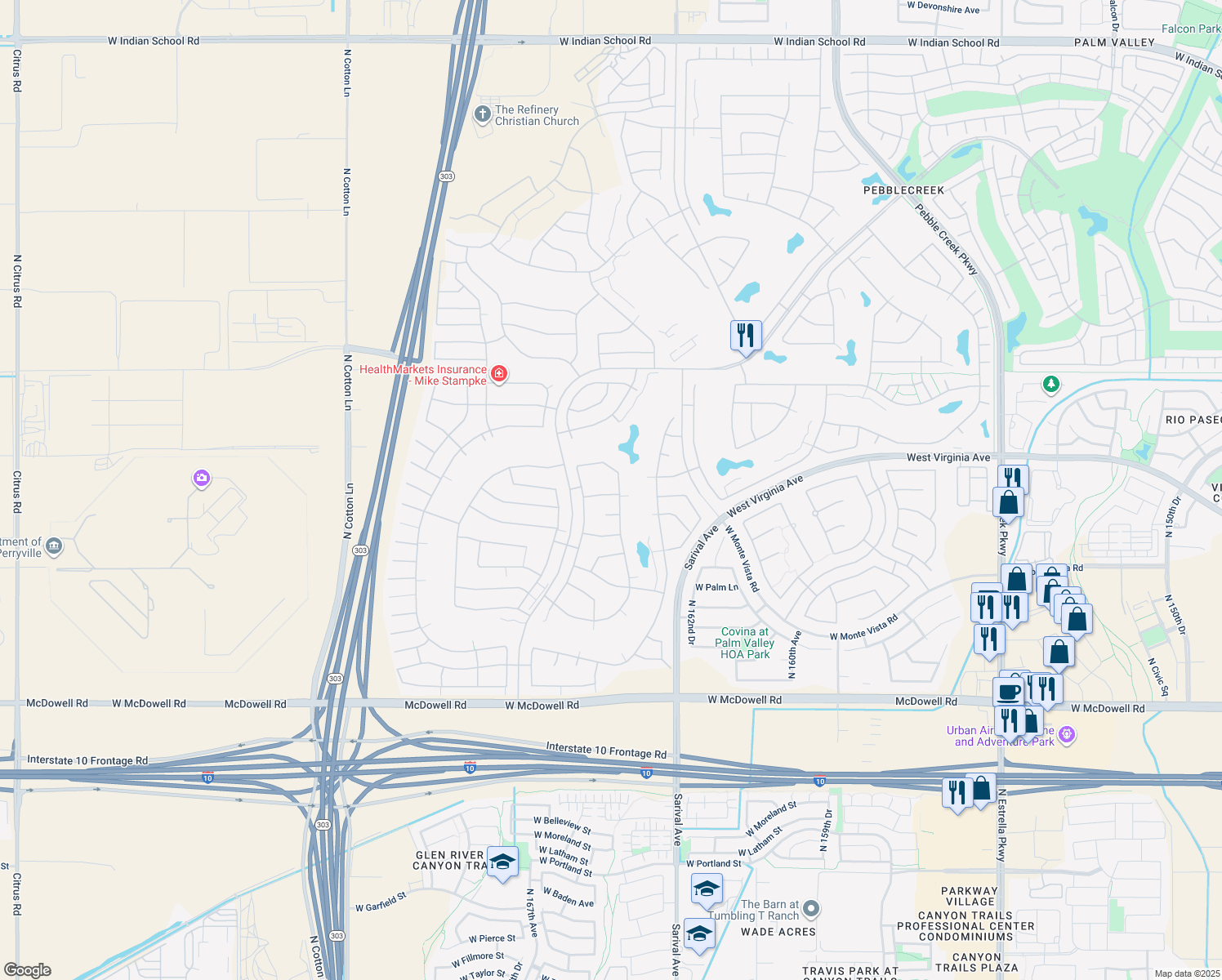 map of restaurants, bars, coffee shops, grocery stores, and more near 16464 West Virginia Avenue in Goodyear