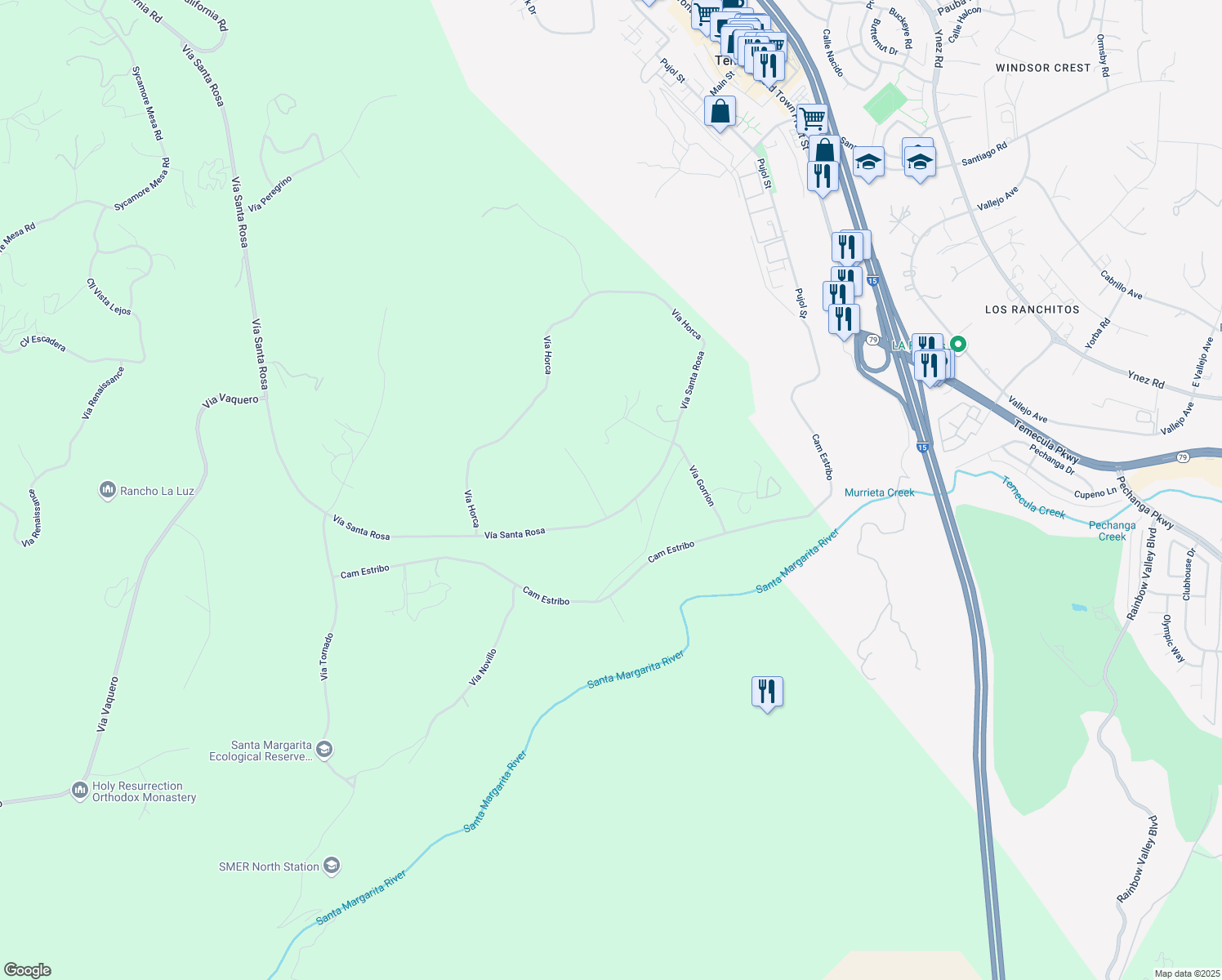 map of restaurants, bars, coffee shops, grocery stores, and more near 45141 Calle Cuesta in Temecula