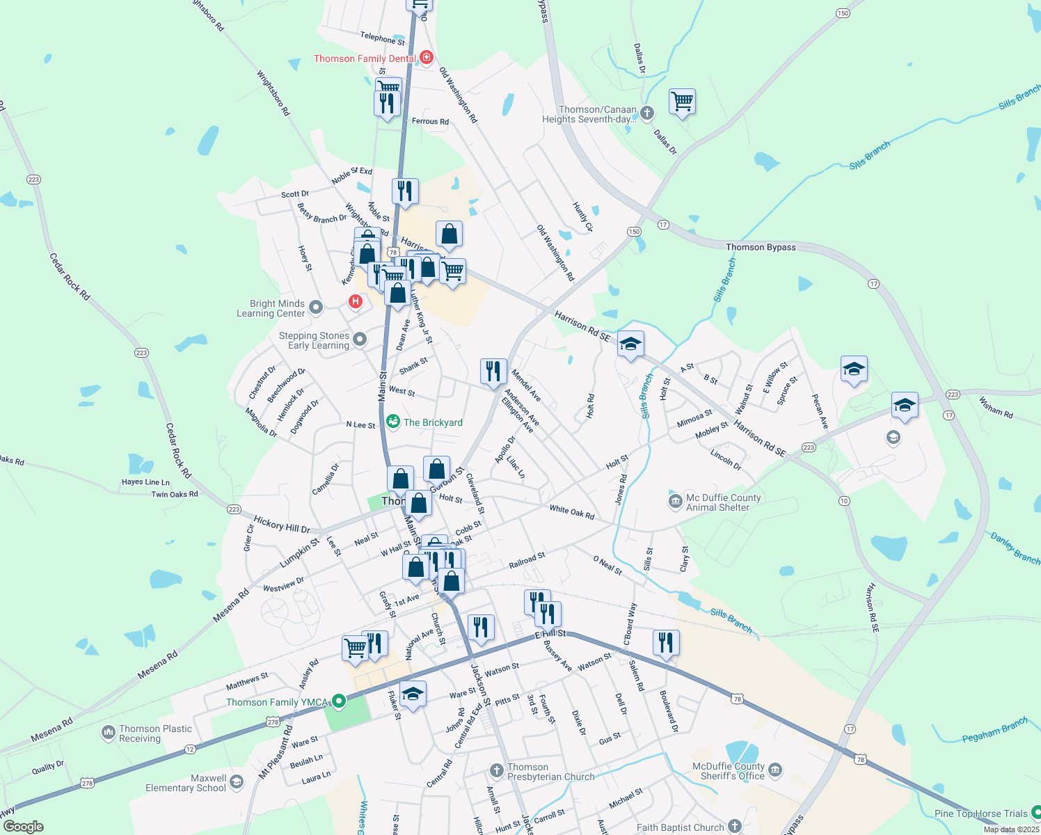 map of restaurants, bars, coffee shops, grocery stores, and more near 501 Ellington Avenue in Thomson
