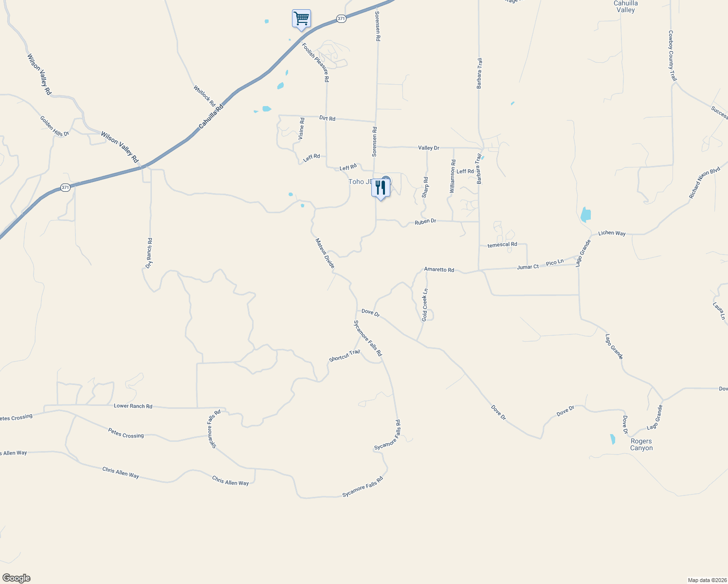 map of restaurants, bars, coffee shops, grocery stores, and more near Sycamore Falls Road in Aguanga