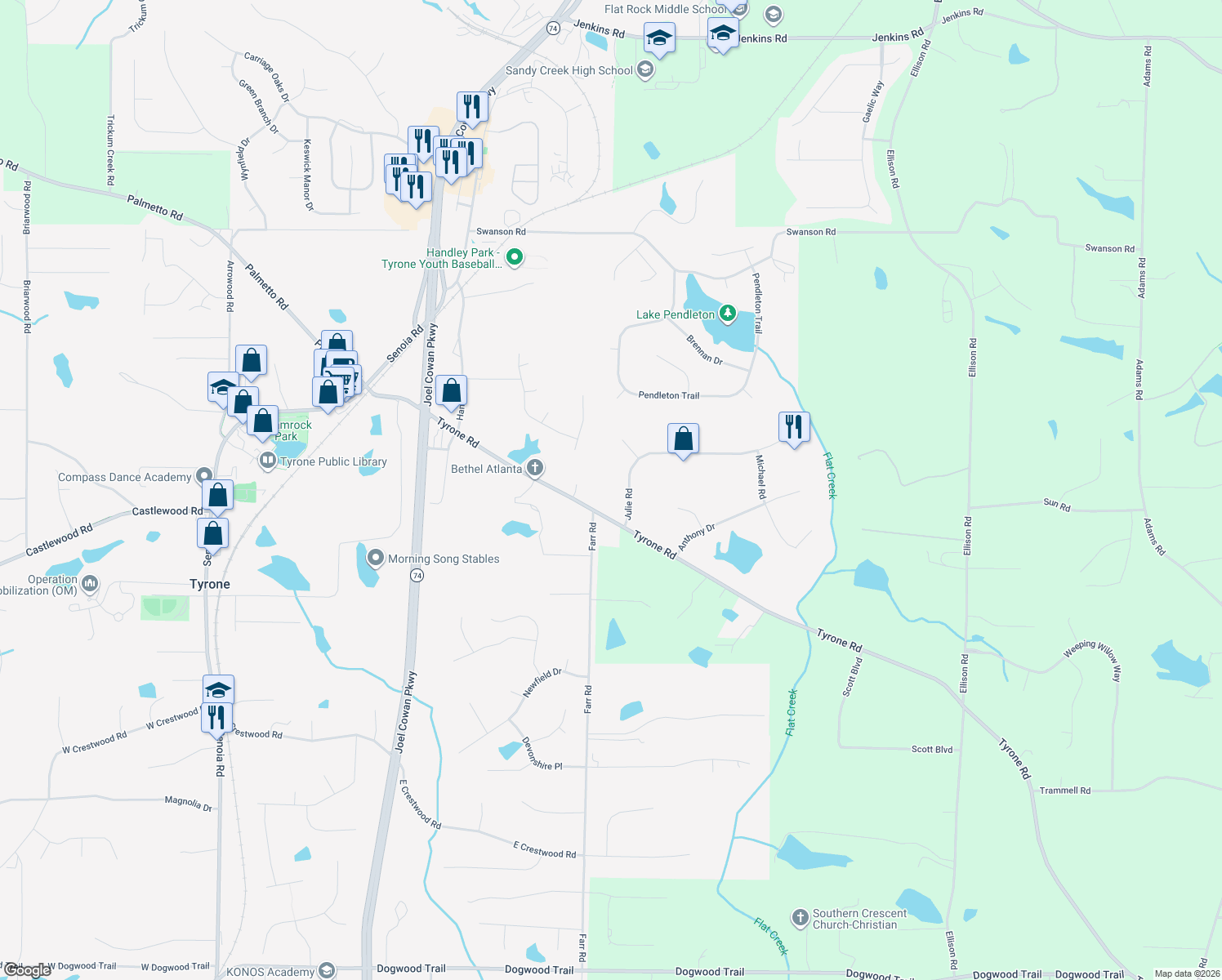 map of restaurants, bars, coffee shops, grocery stores, and more near 120 Julie Road in Tyrone