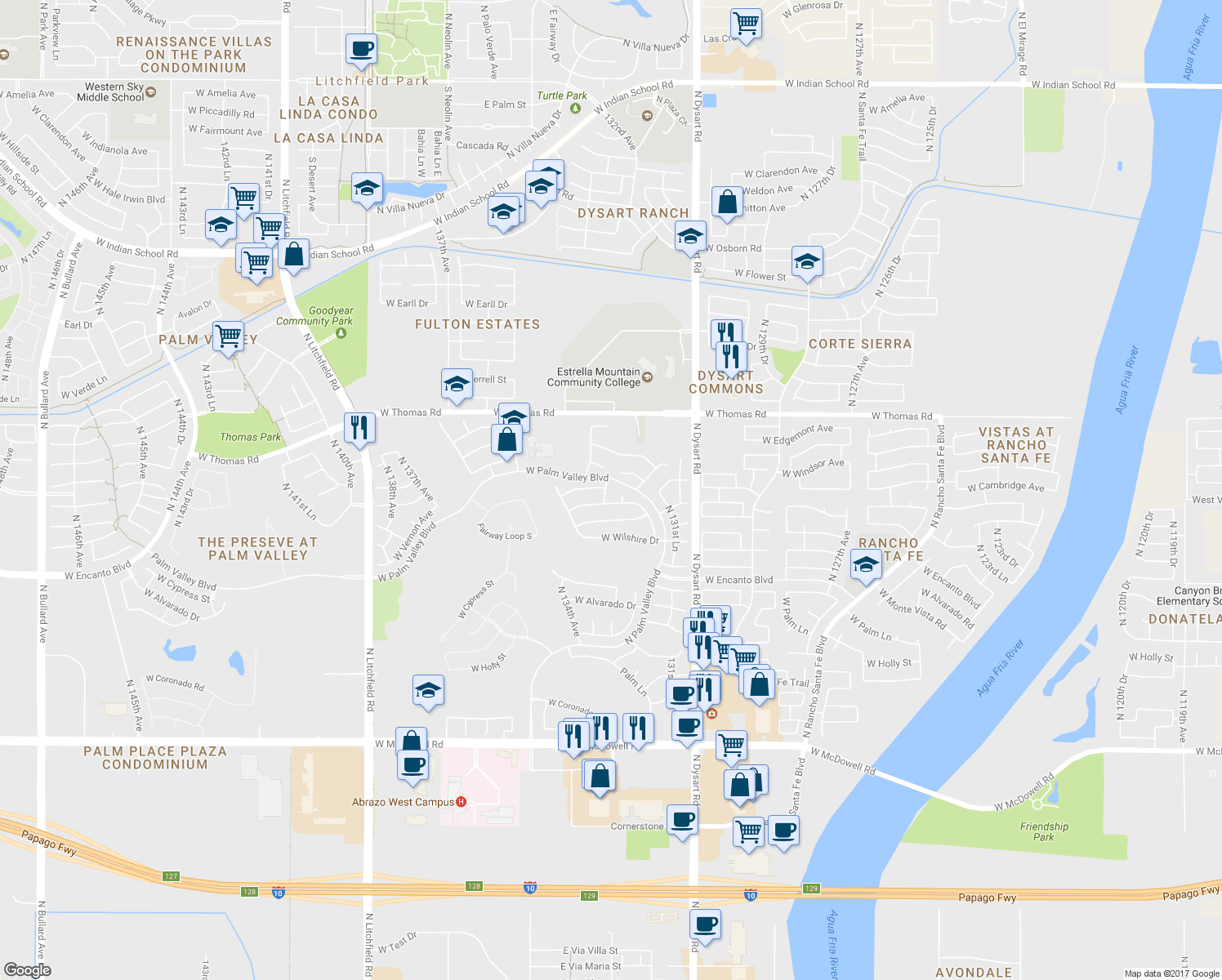 map of restaurants, bars, coffee shops, grocery stores, and more near 2605 North 133rd Avenue in Goodyear