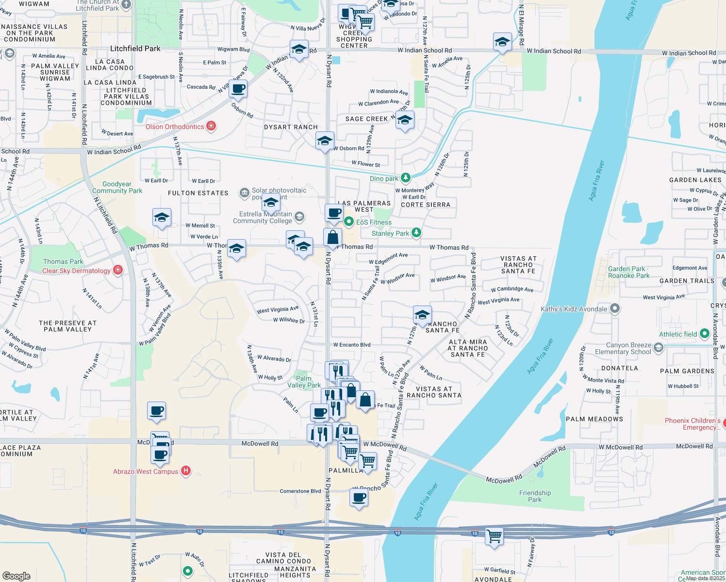 map of restaurants, bars, coffee shops, grocery stores, and more near 2601 North 128th Drive in Avondale