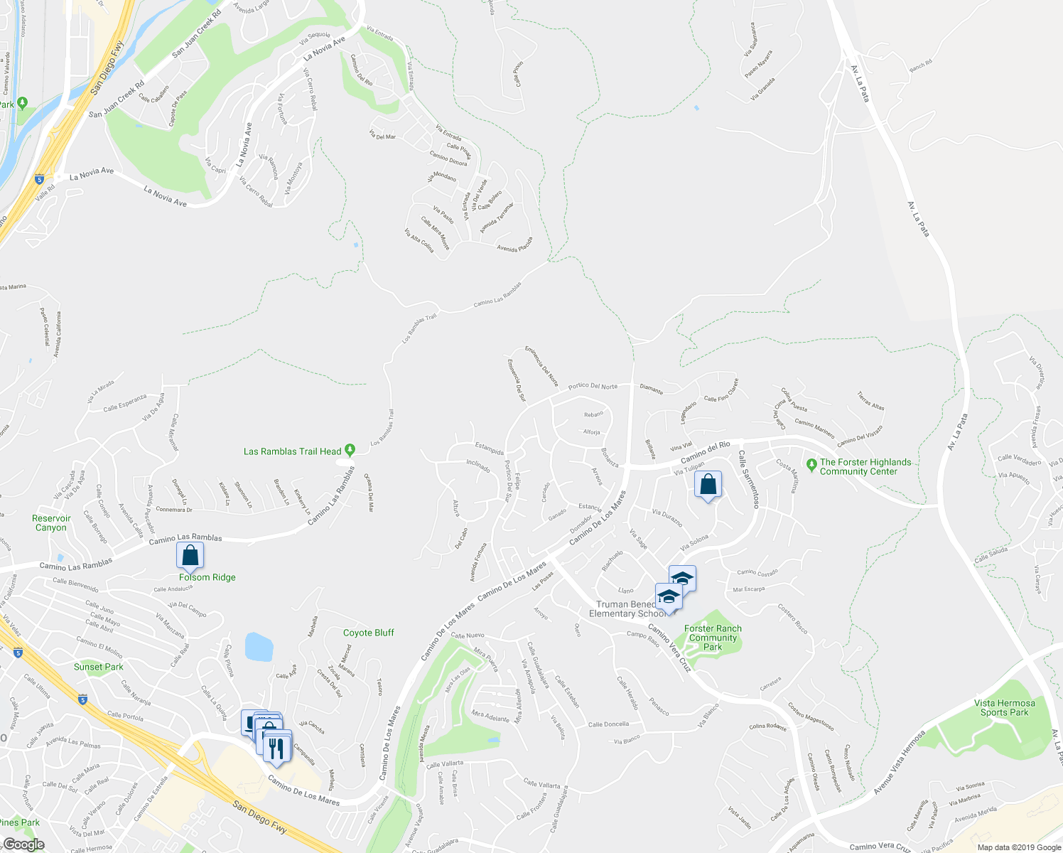 map of restaurants, bars, coffee shops, grocery stores, and more near 2911 Obrajero in San Clemente