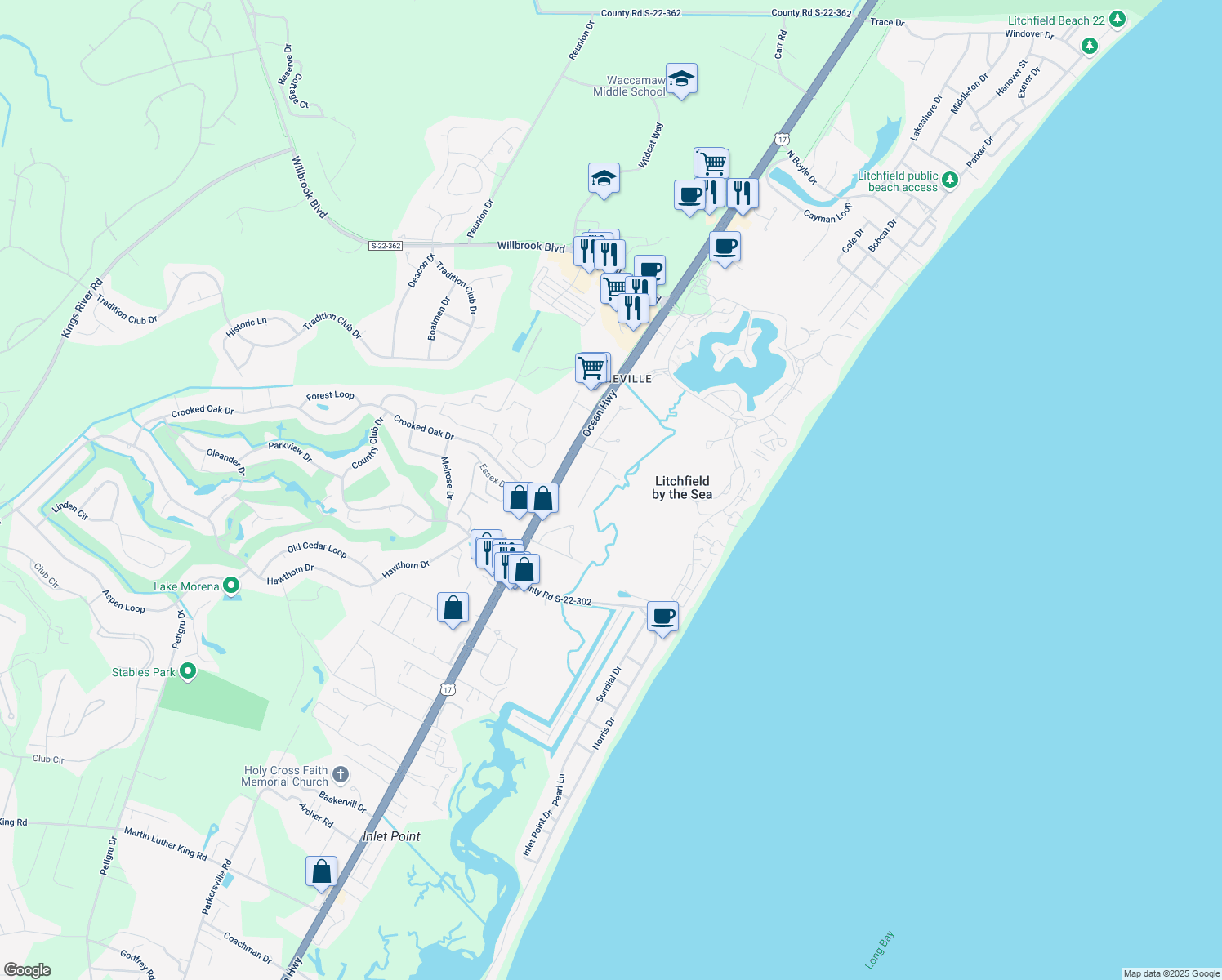 map of restaurants, bars, coffee shops, grocery stores, and more near 1 County Road S-22-409 in Pawleys Island