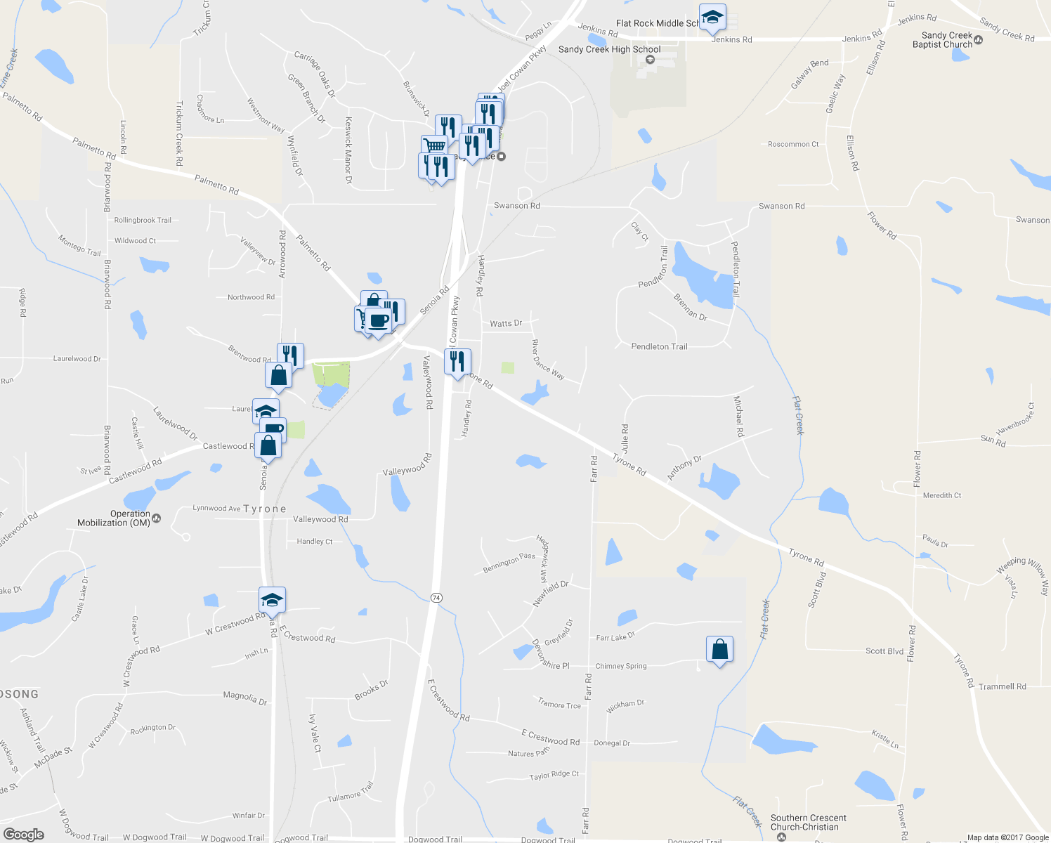 map of restaurants, bars, coffee shops, grocery stores, and more near 944 Tyrone Road in Tyrone