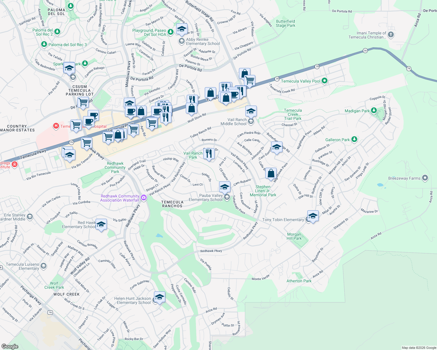 map of restaurants, bars, coffee shops, grocery stores, and more near 33074 Corte Ganso in Temecula