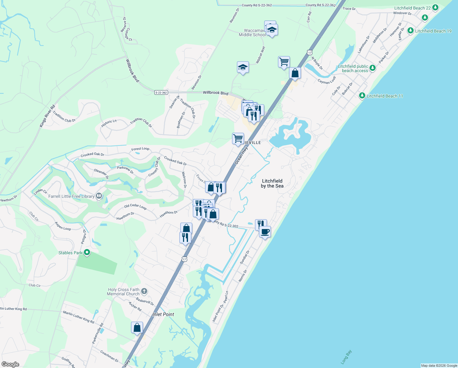map of restaurants, bars, coffee shops, grocery stores, and more near 13442 Ocean Highway in Pawleys Island