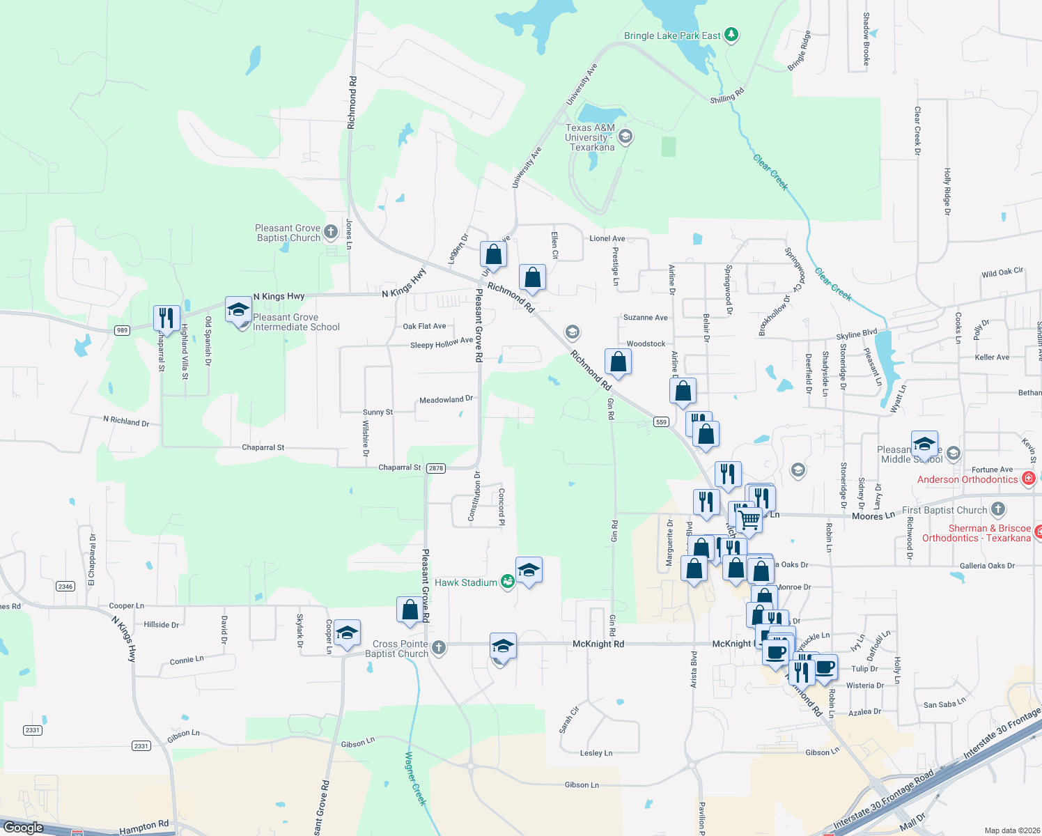 map of restaurants, bars, coffee shops, grocery stores, and more near 5602 West Kyle Street in Texarkana