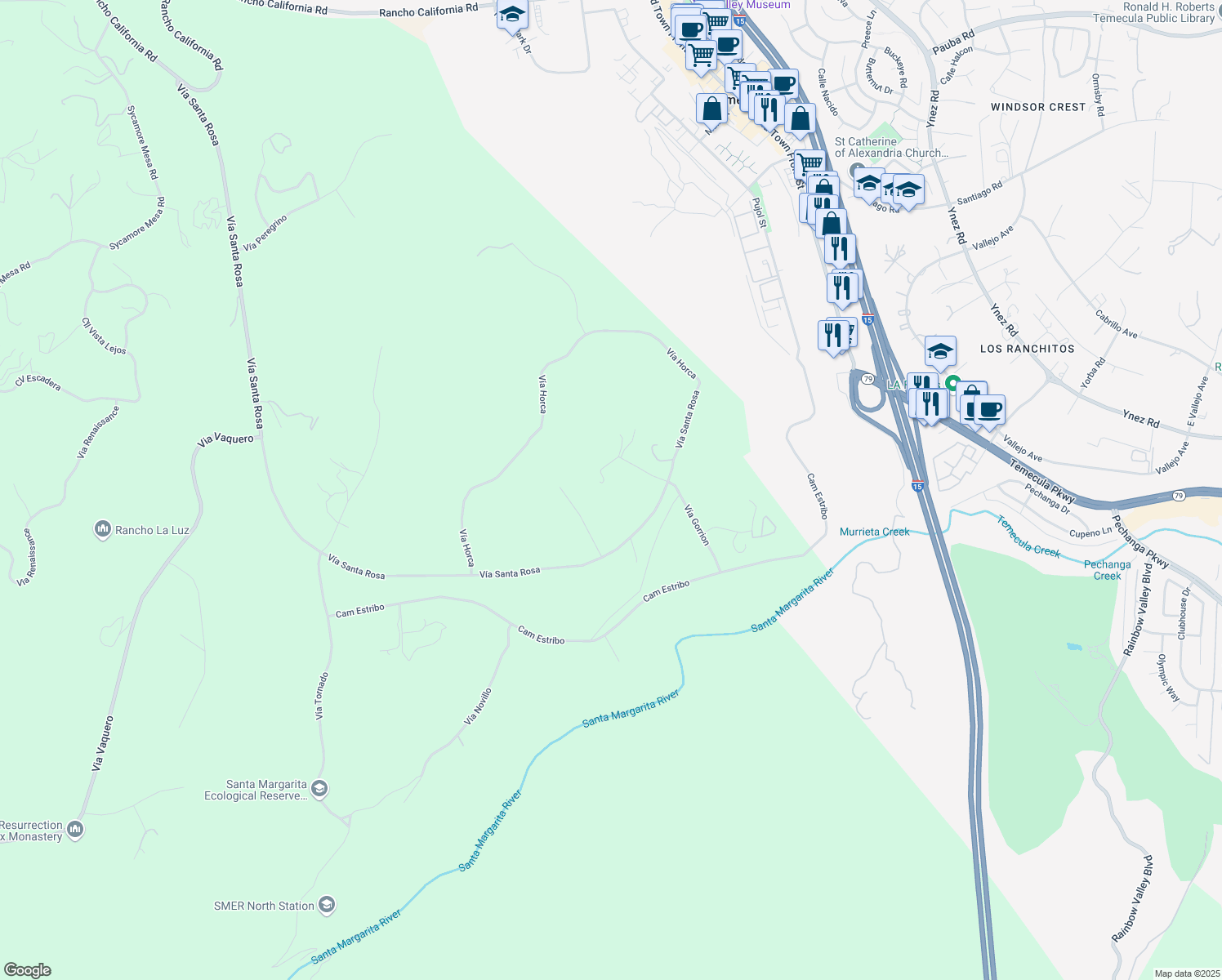 map of restaurants, bars, coffee shops, grocery stores, and more near 44751 Vía Gorrion in Temecula