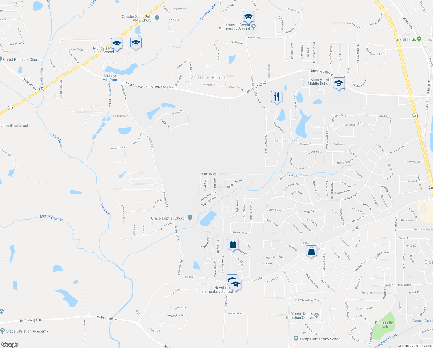 map of restaurants, bars, coffee shops, grocery stores, and more near Ridgeview Trail in Jonesboro