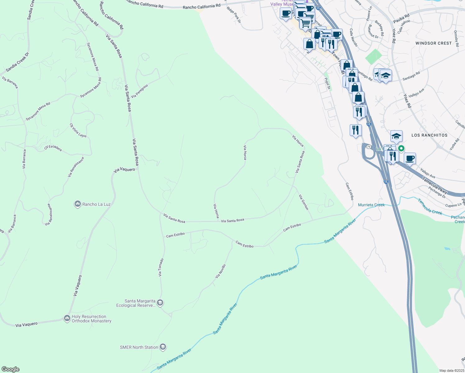 map of restaurants, bars, coffee shops, grocery stores, and more near Vía Horca in Temecula