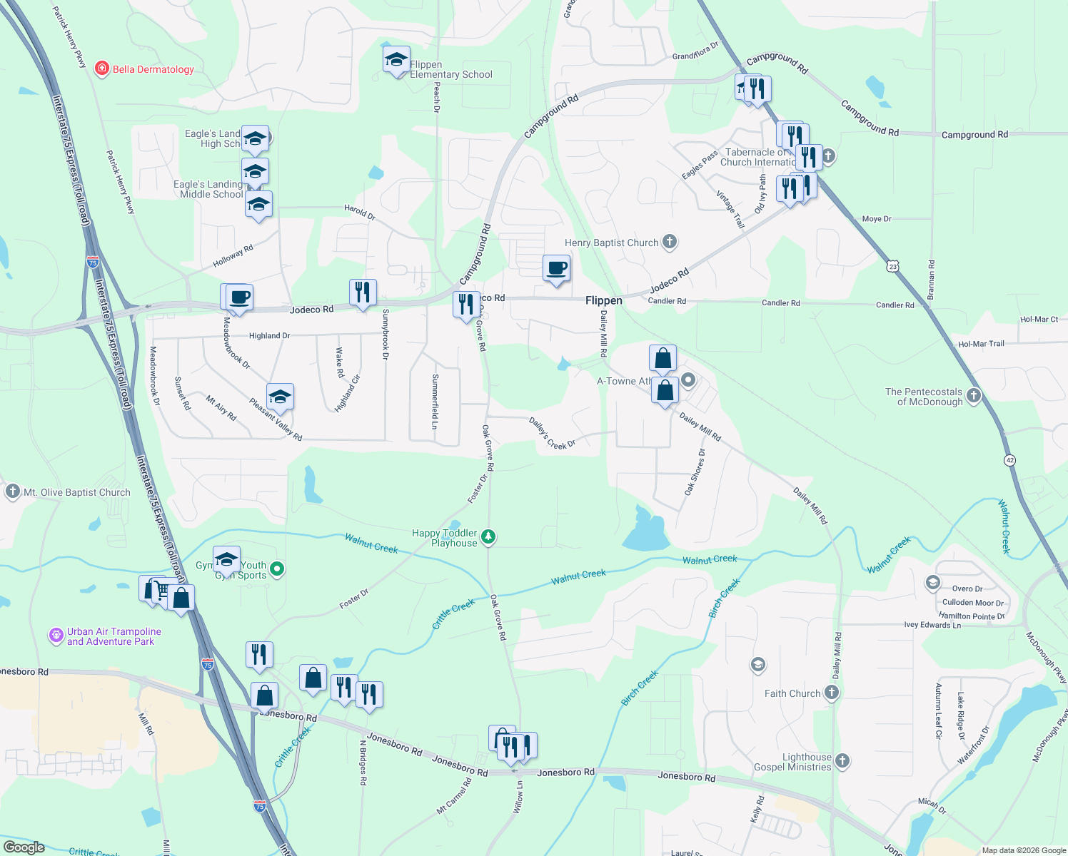 map of restaurants, bars, coffee shops, grocery stores, and more near 754 Dailey's Creek Drive in McDonough