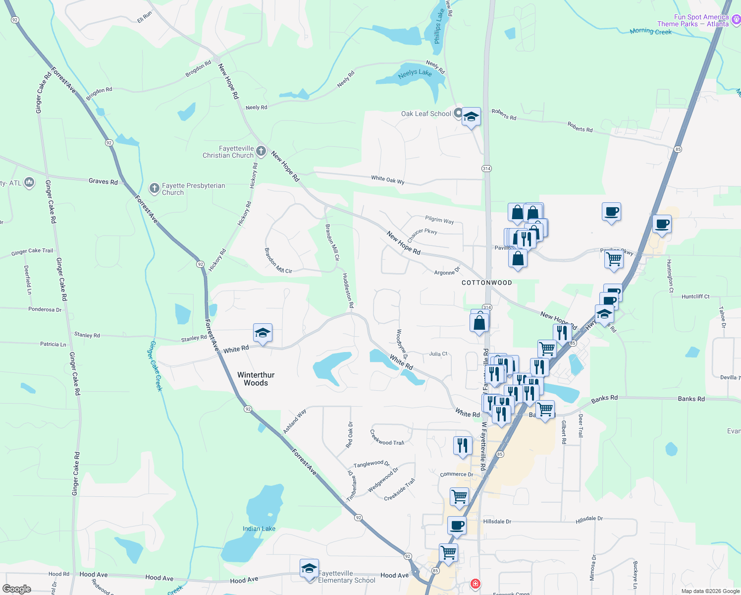 map of restaurants, bars, coffee shops, grocery stores, and more near 345 Woodbyne Drive in Fayetteville