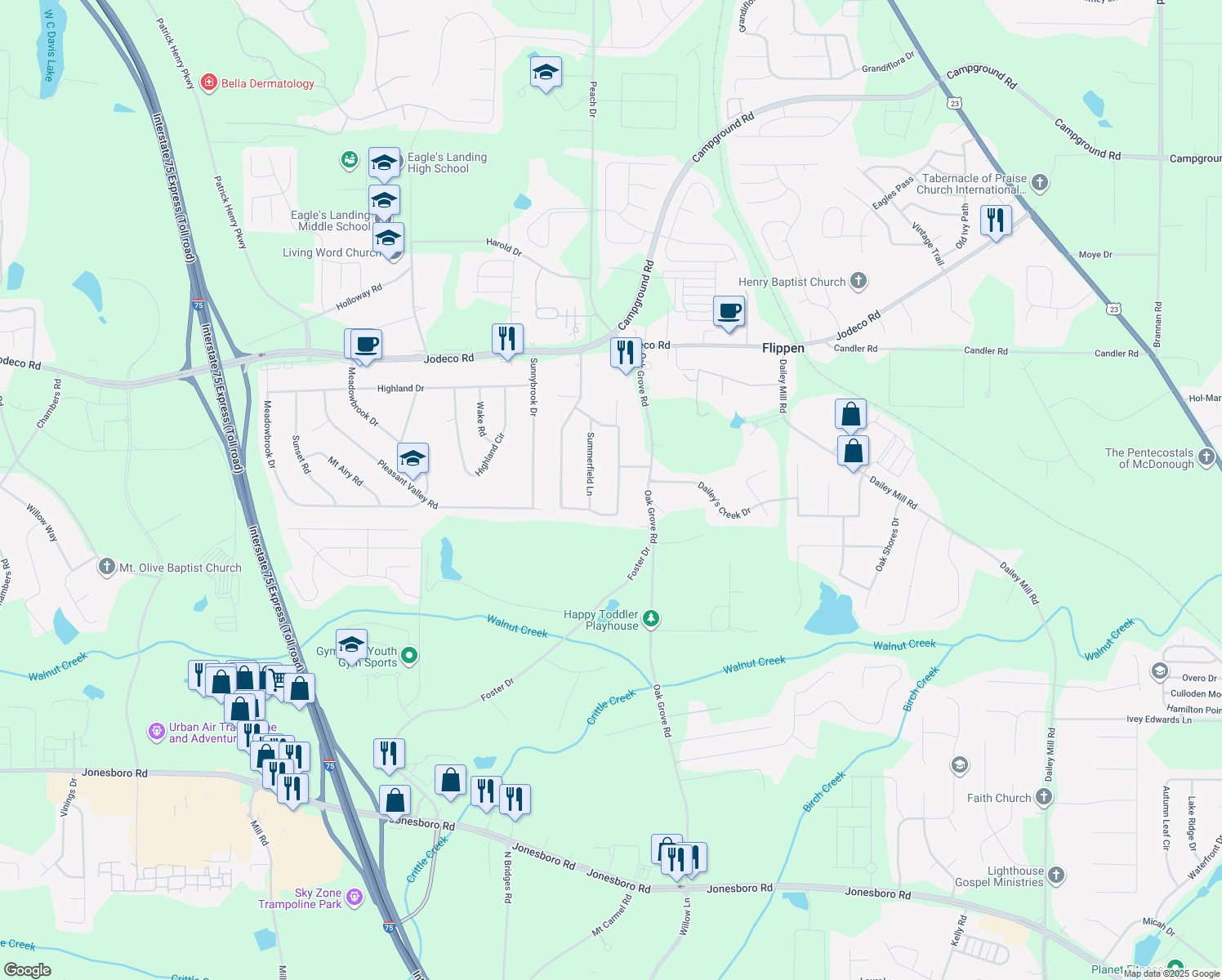 map of restaurants, bars, coffee shops, grocery stores, and more near 159 Summerfield Drive in McDonough