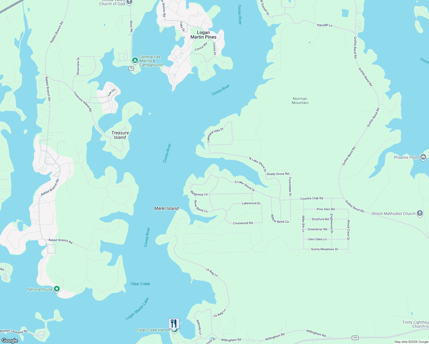 map of restaurants, bars, coffee shops, grocery stores, and more near 872 Ridgeway Circle in Talladega