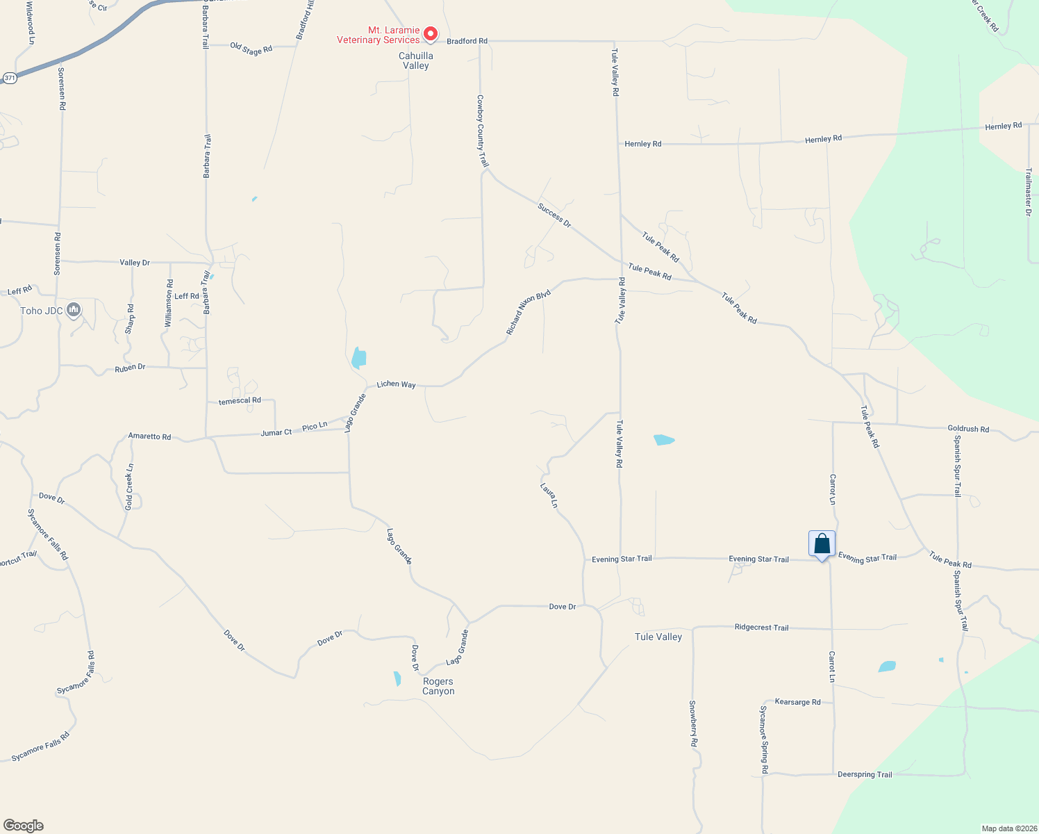 map of restaurants, bars, coffee shops, grocery stores, and more near 44555 Journey's End Lane in Aguanga