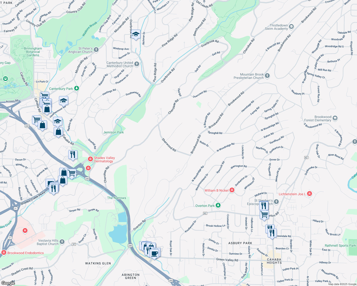 map of restaurants, bars, coffee shops, grocery stores, and more near 3016 Woodleigh Road in Birmingham