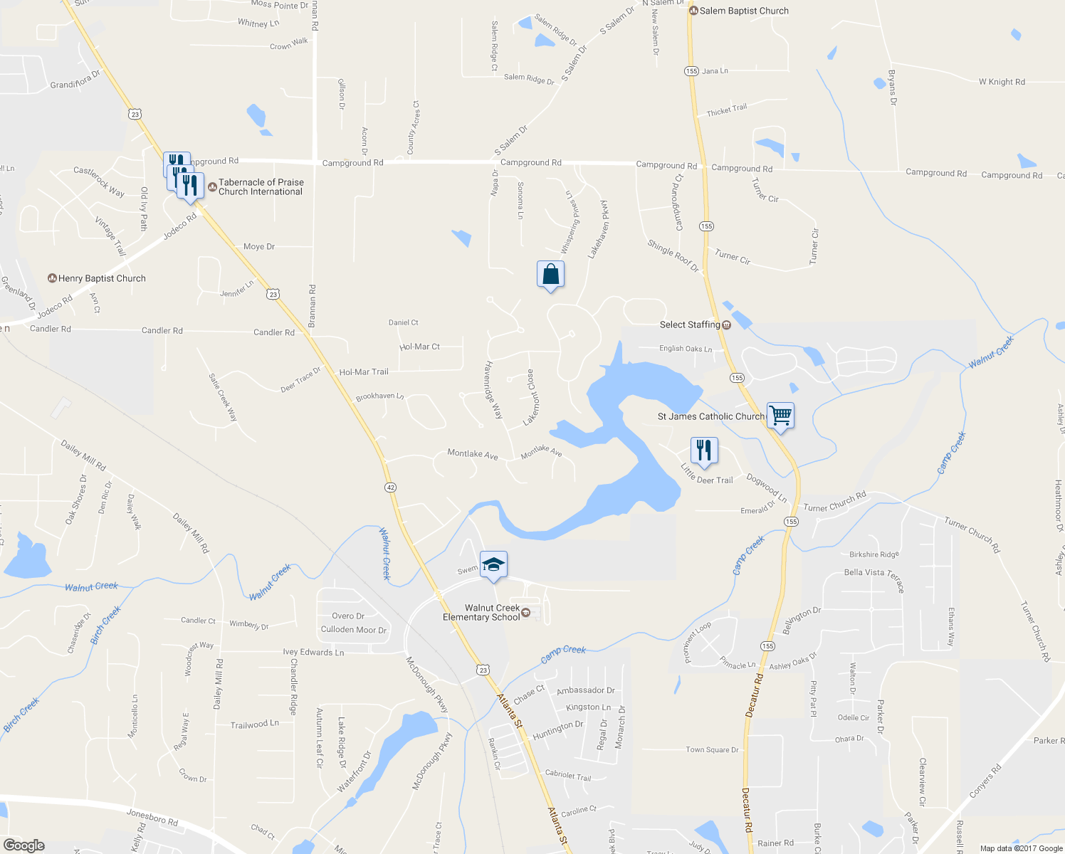 map of restaurants, bars, coffee shops, grocery stores, and more near 8110 Lakemont Close in McDonough