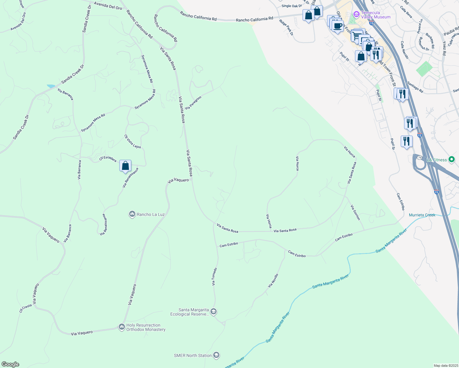 map of restaurants, bars, coffee shops, grocery stores, and more near 45025 Vía Tornado in Temecula