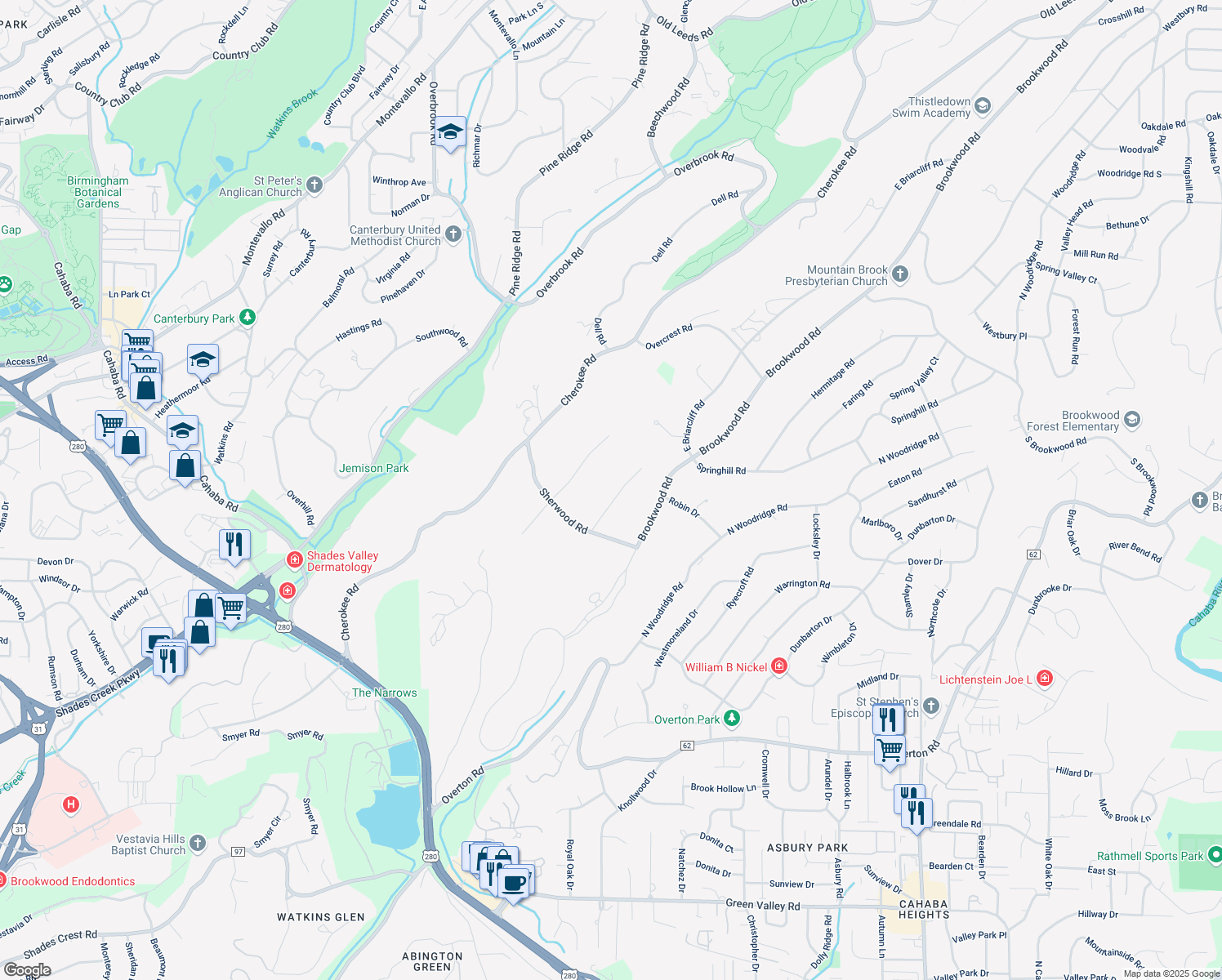 map of restaurants, bars, coffee shops, grocery stores, and more near 3016 Woodleigh Road in Birmingham