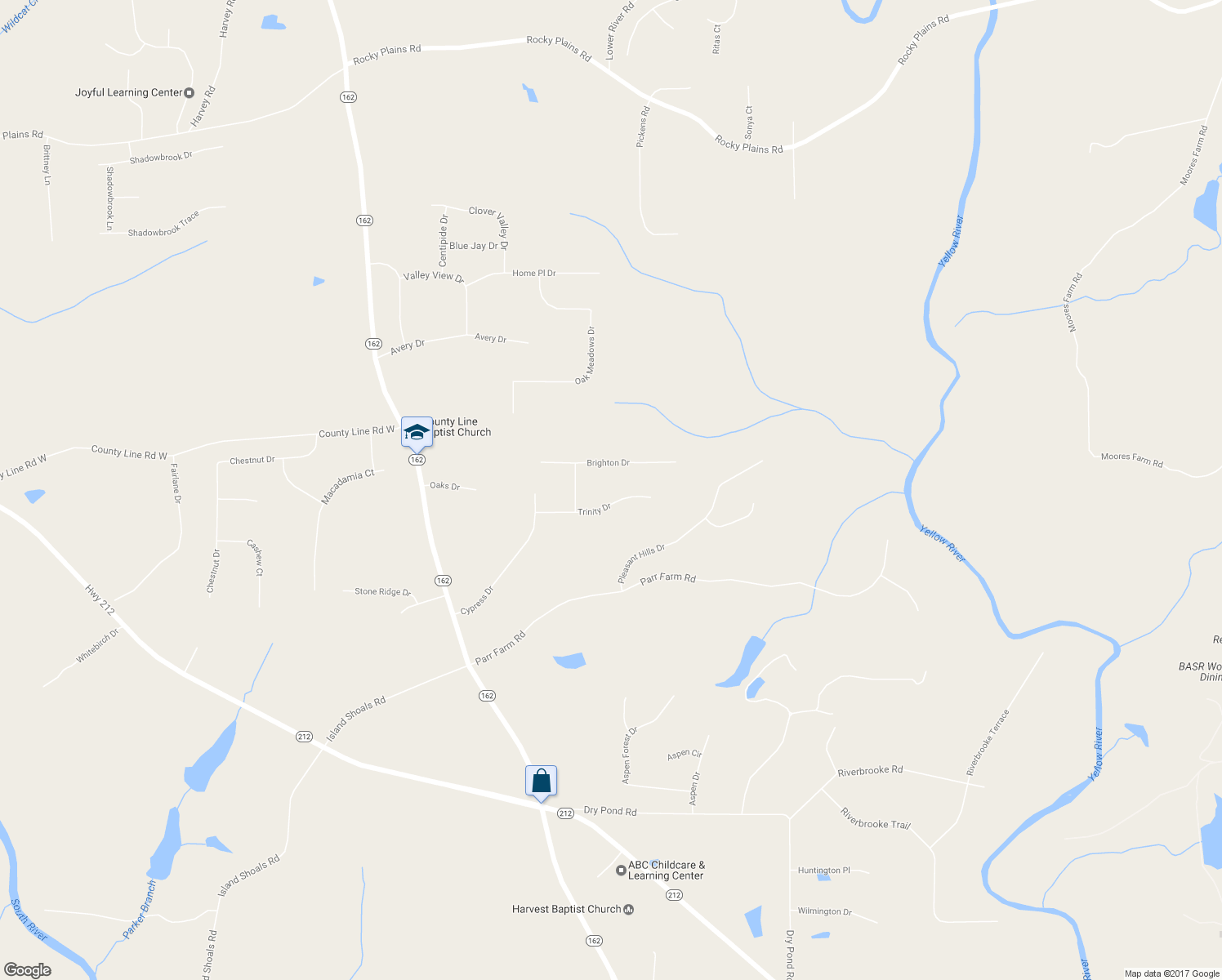 map of restaurants, bars, coffee shops, grocery stores, and more near 135 Trinity Drive in Covington