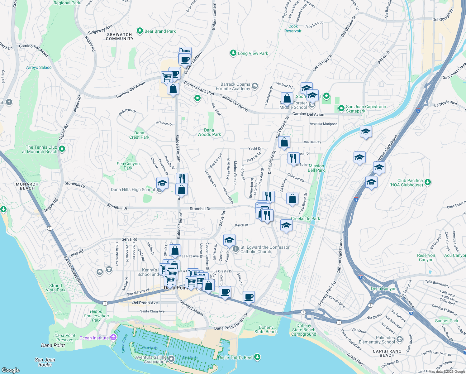 map of restaurants, bars, coffee shops, grocery stores, and more near 33321 Marina Vista Drive in Dana Point