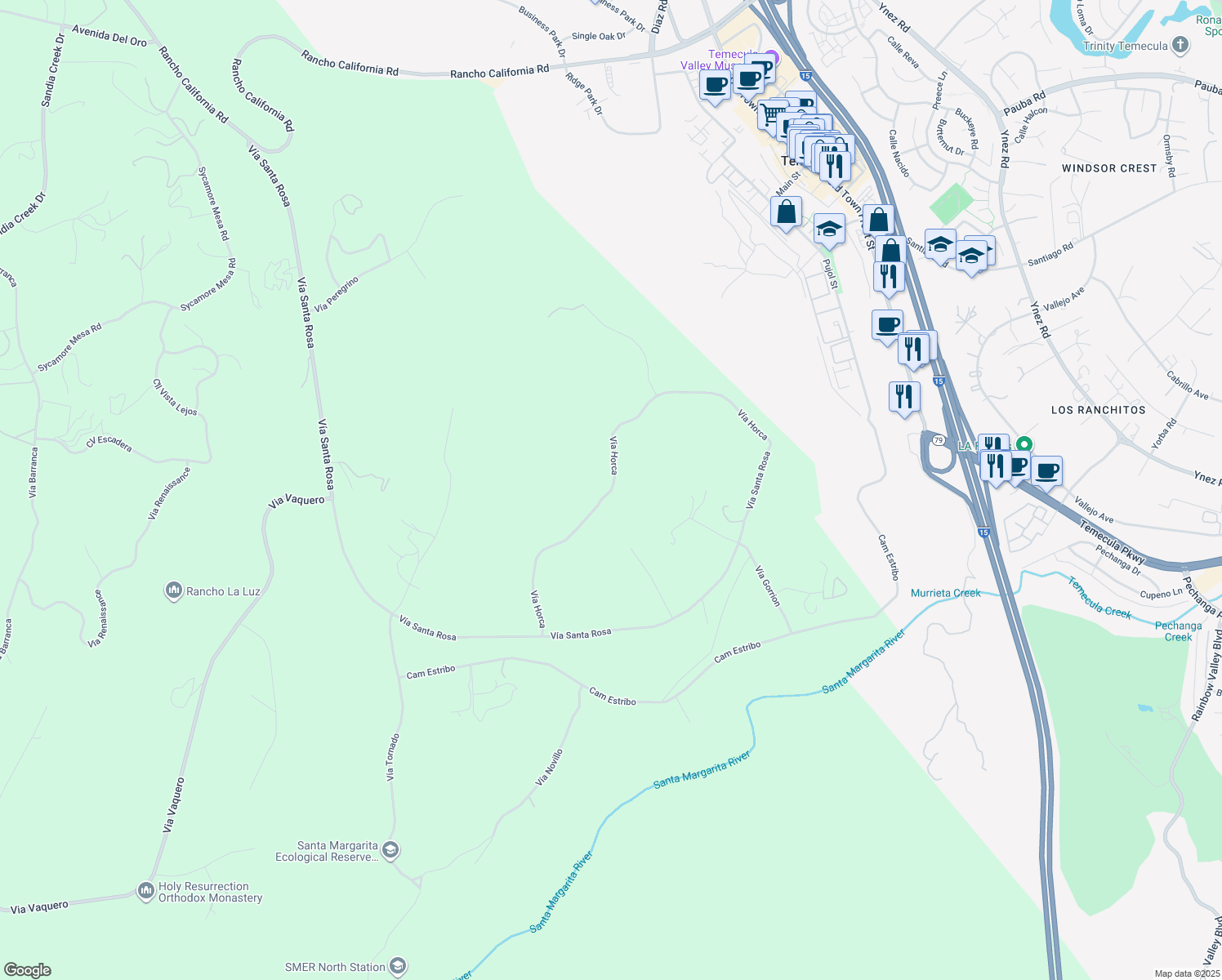 map of restaurants, bars, coffee shops, grocery stores, and more near Vía Horca in Temecula