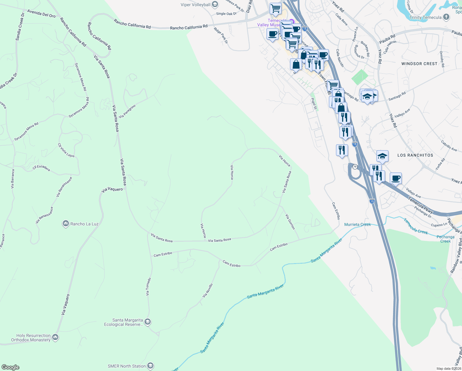 map of restaurants, bars, coffee shops, grocery stores, and more near Vía Horca in Temecula