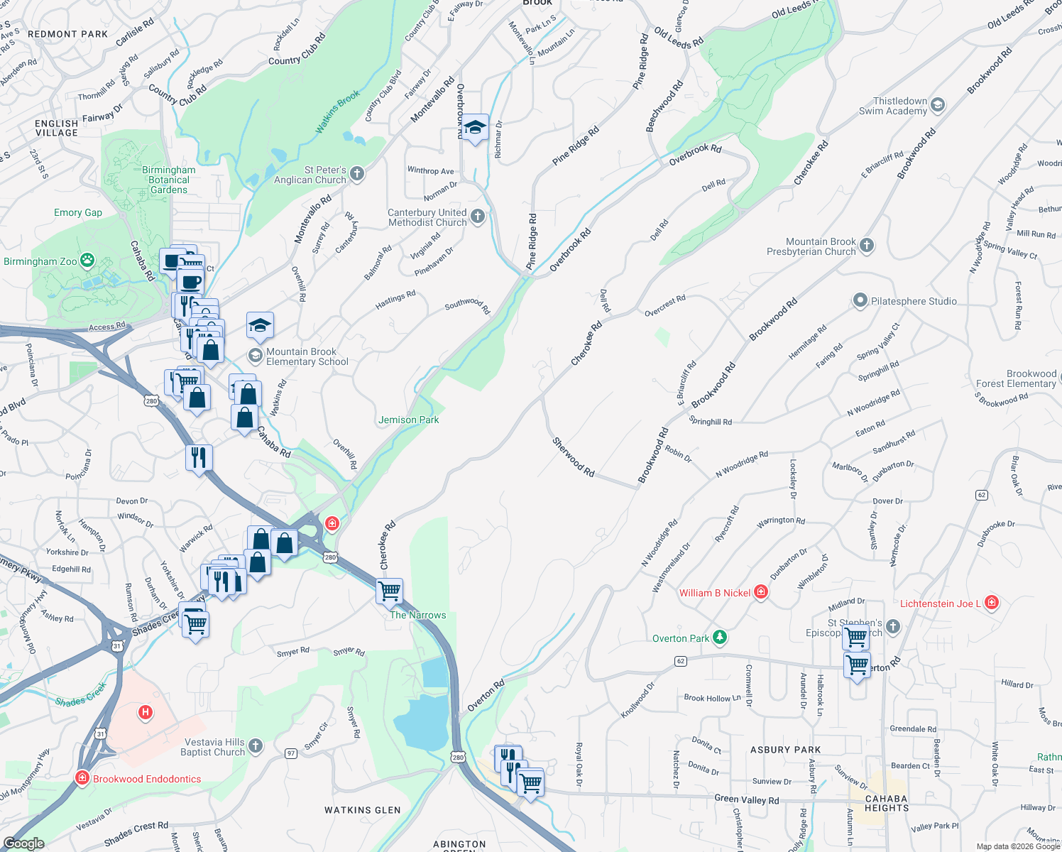 map of restaurants, bars, coffee shops, grocery stores, and more near 2975 Cherokee Road in Birmingham