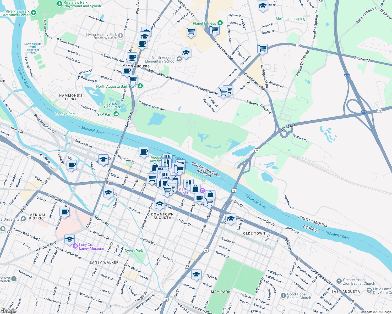 map of restaurants, bars, coffee shops, grocery stores, and more near 420 East Shoreline Drive in North Augusta