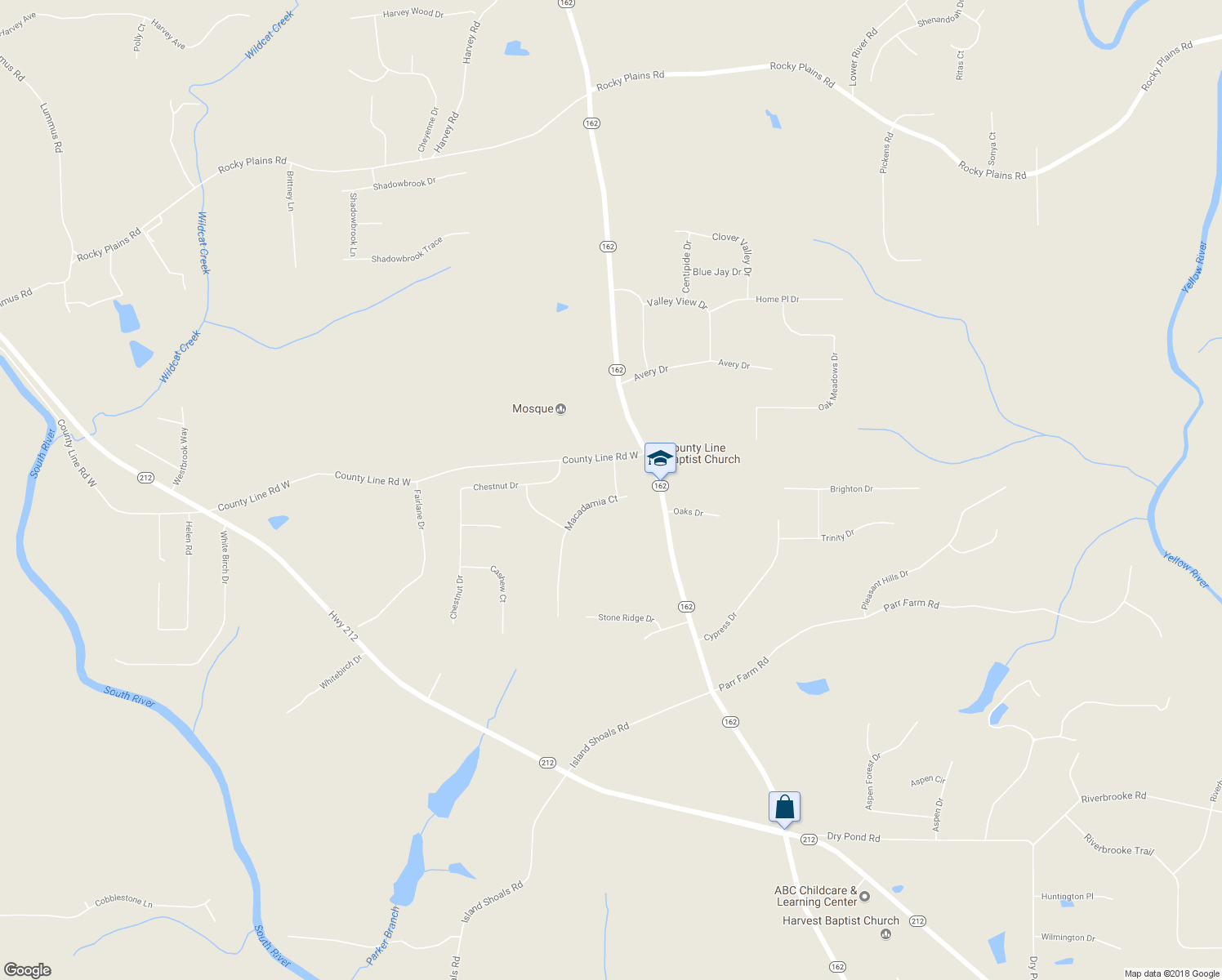 map of restaurants, bars, coffee shops, grocery stores, and more near 40 Acorn Way in Covington