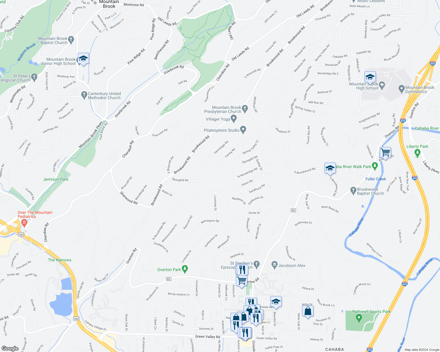 map of restaurants, bars, coffee shops, grocery stores, and more near 3505 Springhill Road in Birmingham