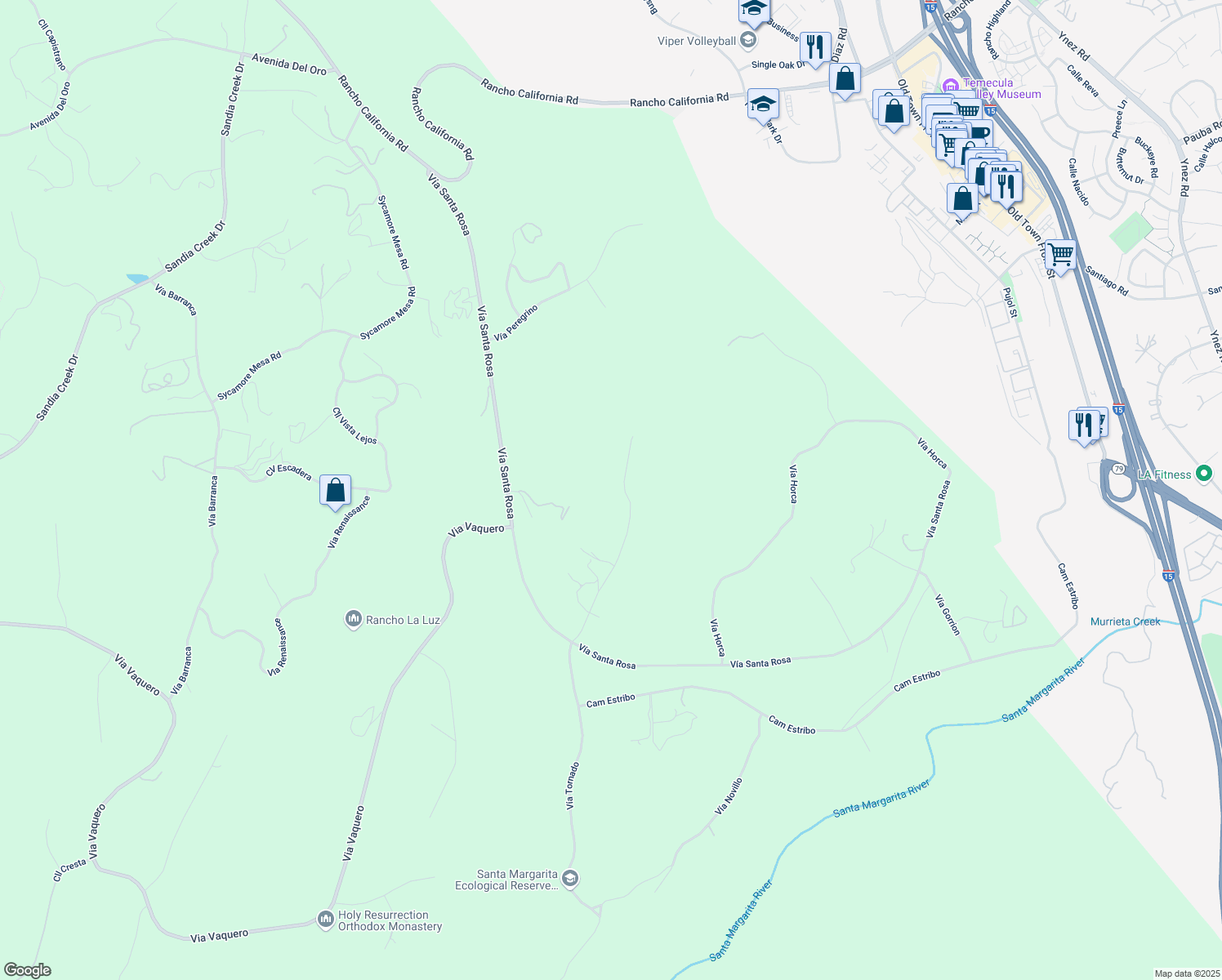 map of restaurants, bars, coffee shops, grocery stores, and more near Vía Tornado in Temecula