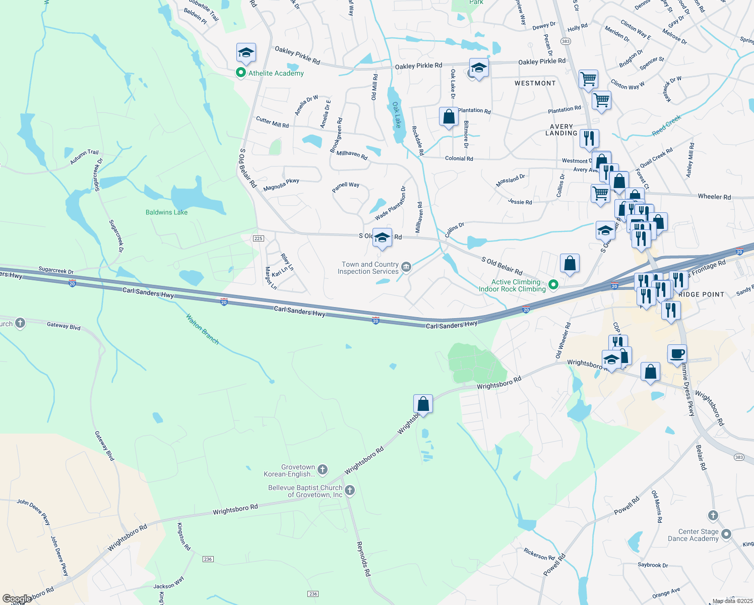 map of restaurants, bars, coffee shops, grocery stores, and more near 4762 West Creek Mill Court in Grovetown