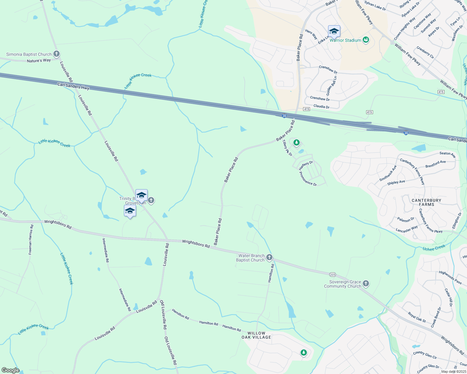 map of restaurants, bars, coffee shops, grocery stores, and more near 726 Baker Place Road in Grovetown