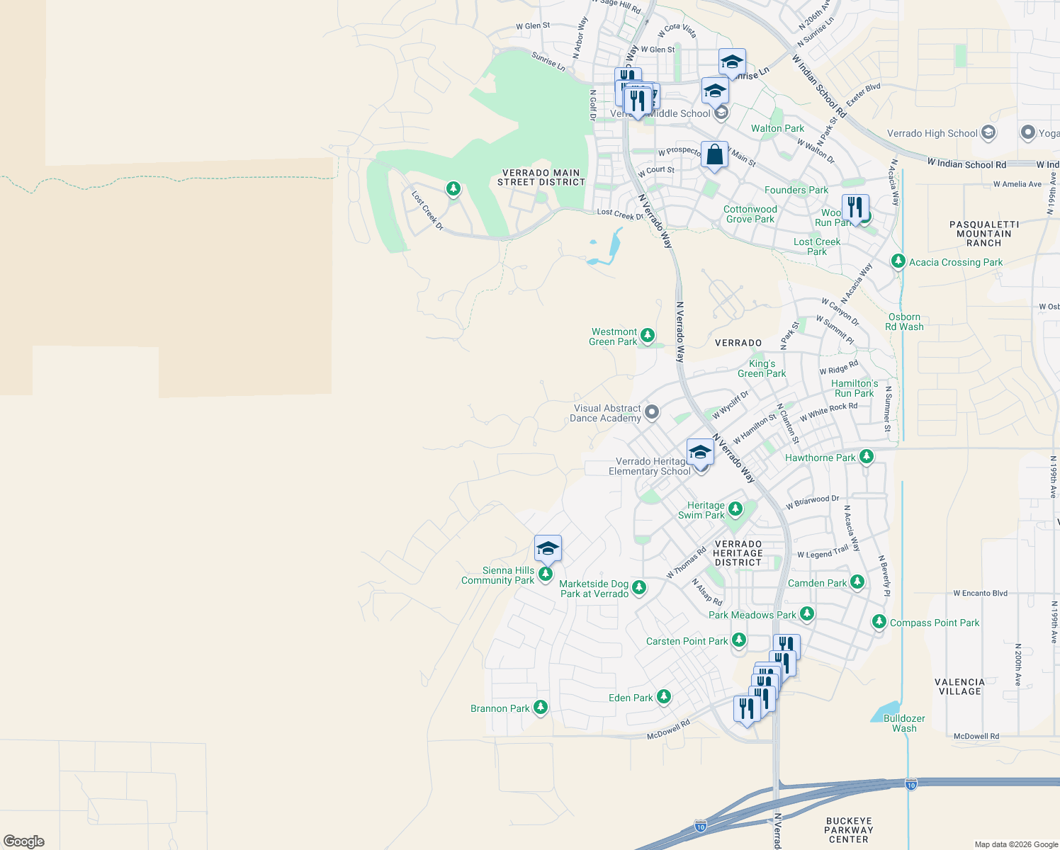 map of restaurants, bars, coffee shops, grocery stores, and more near West Mountain Cove Place in Buckeye
