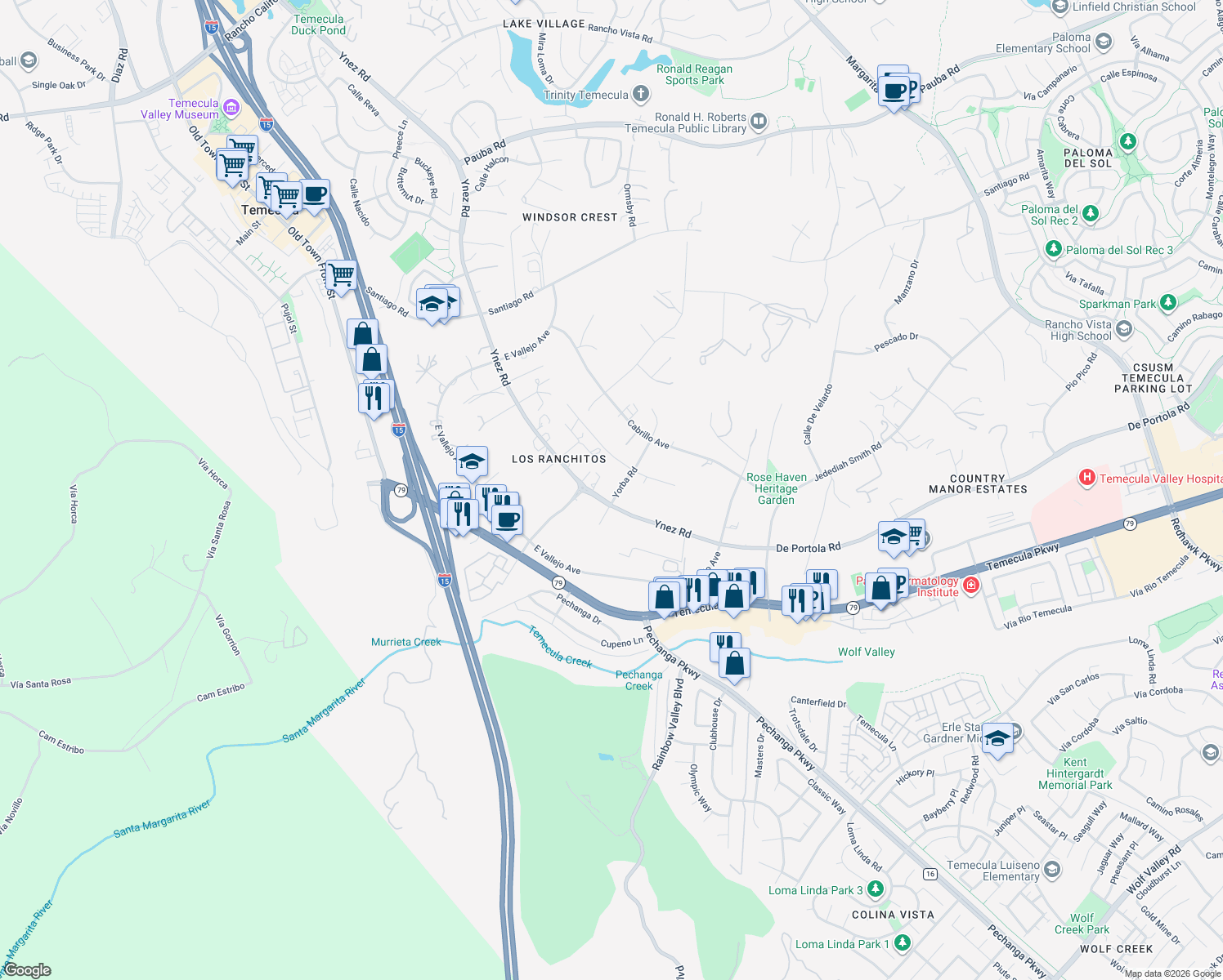 map of restaurants, bars, coffee shops, grocery stores, and more near 41640 Yorba Road in Temecula