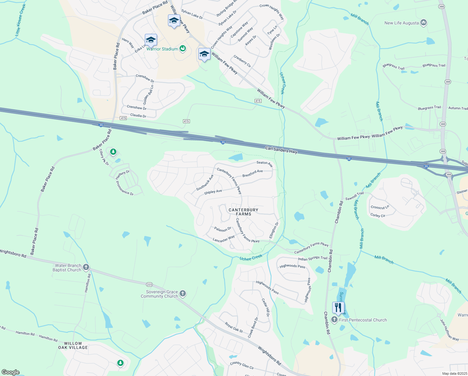 map of restaurants, bars, coffee shops, grocery stores, and more near 605 Shipley Avenue in Grovetown