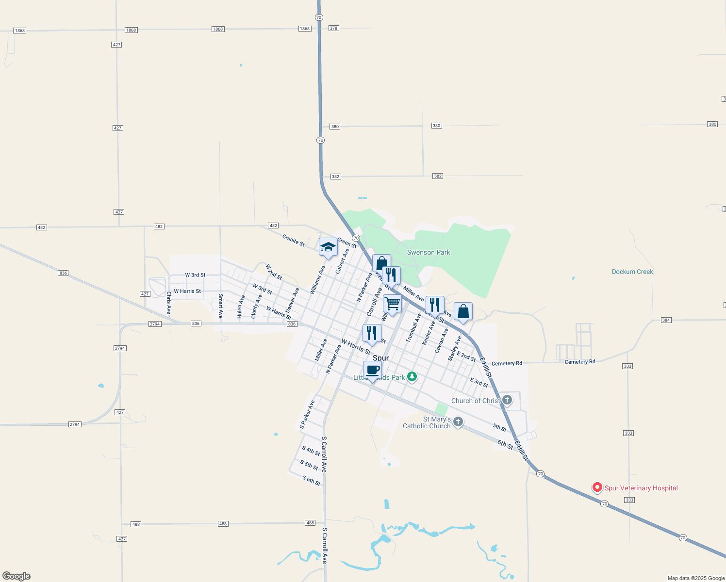 map of restaurants, bars, coffee shops, grocery stores, and more near 399 West 1st Street in Spur