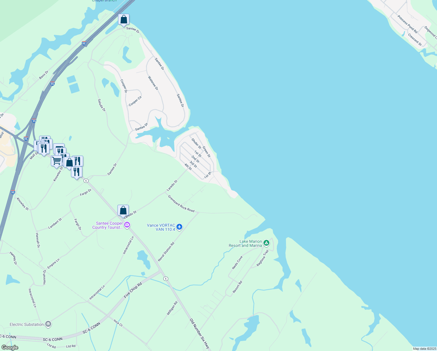 map of restaurants, bars, coffee shops, grocery stores, and more near 315 Green Street in Santee