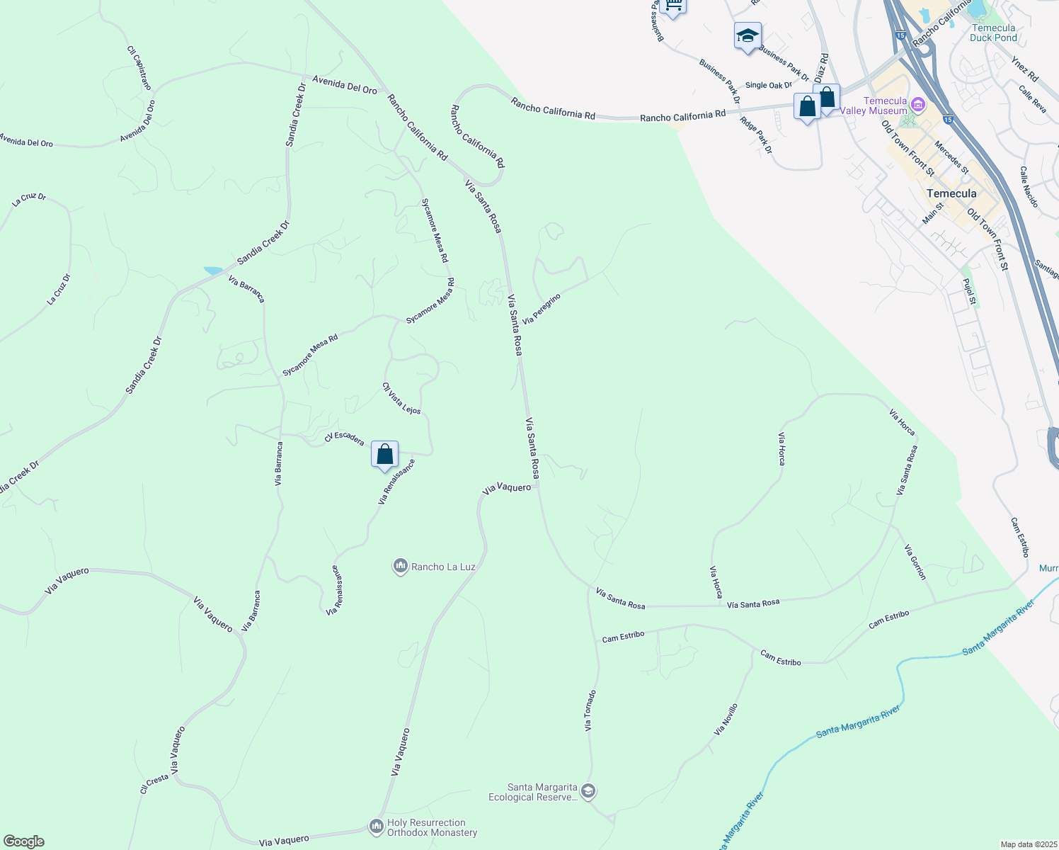 map of restaurants, bars, coffee shops, grocery stores, and more near Vía Santa Rosa in Temecula