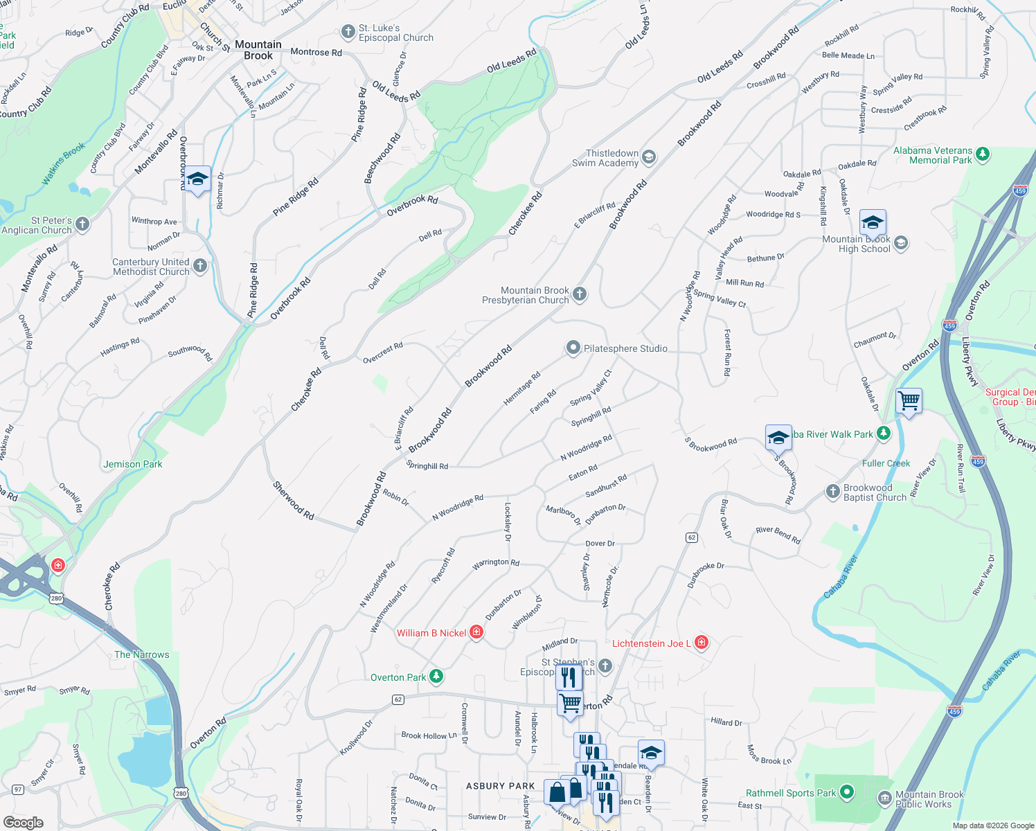 map of restaurants, bars, coffee shops, grocery stores, and more near 3321 Faring Road in Birmingham