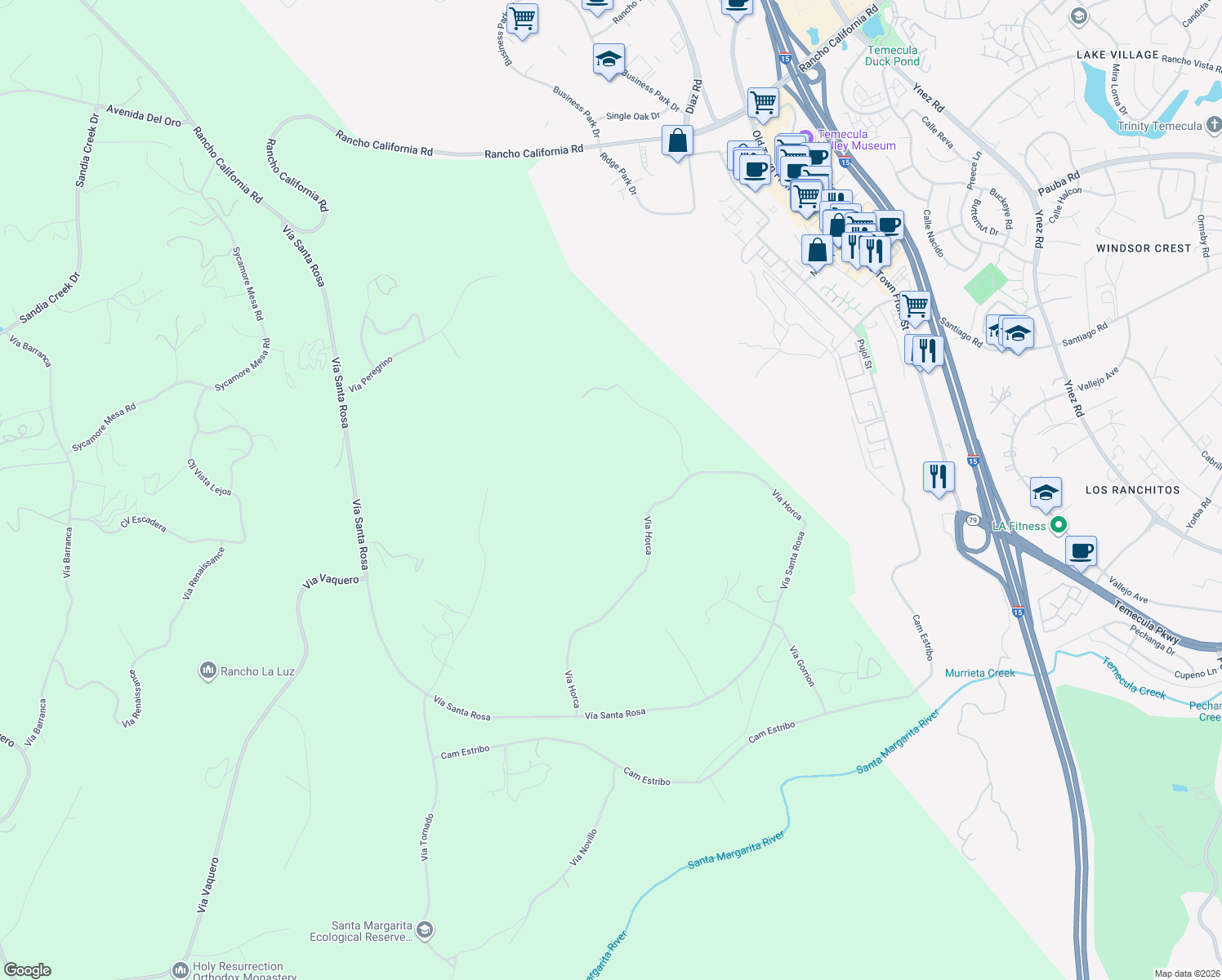 map of restaurants, bars, coffee shops, grocery stores, and more near Vía Horca in Temecula