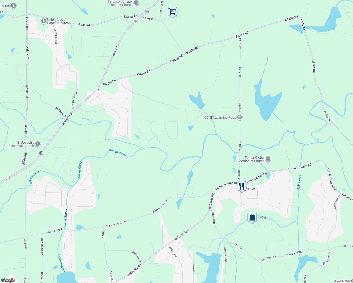 map of restaurants, bars, coffee shops, grocery stores, and more near 1431 Swiftwater Circle in McDonough
