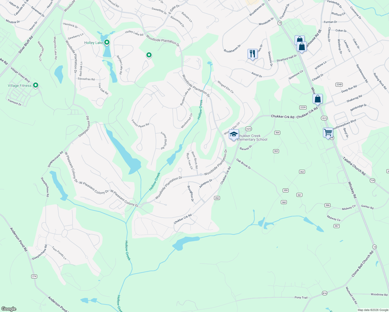 map of restaurants, bars, coffee shops, grocery stores, and more near 122 River Birch Road in Aiken